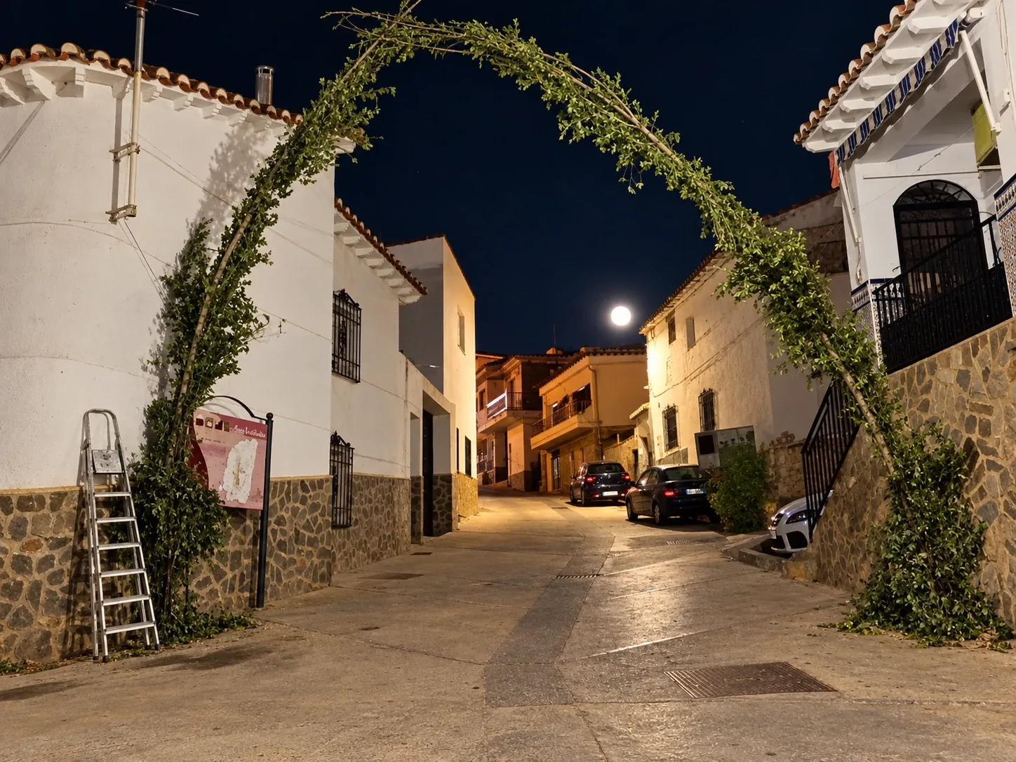 Arco verde de ramas sobre una calle de Beas iluminada de noche