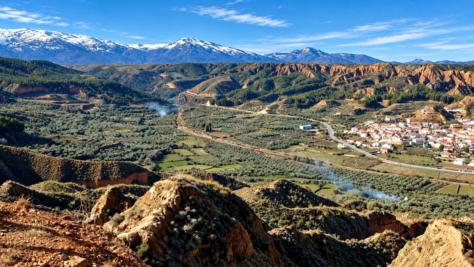 Valle cultivado, Beas de Guadix, cárcavas y Sierra Nevada vistos desde El Llano