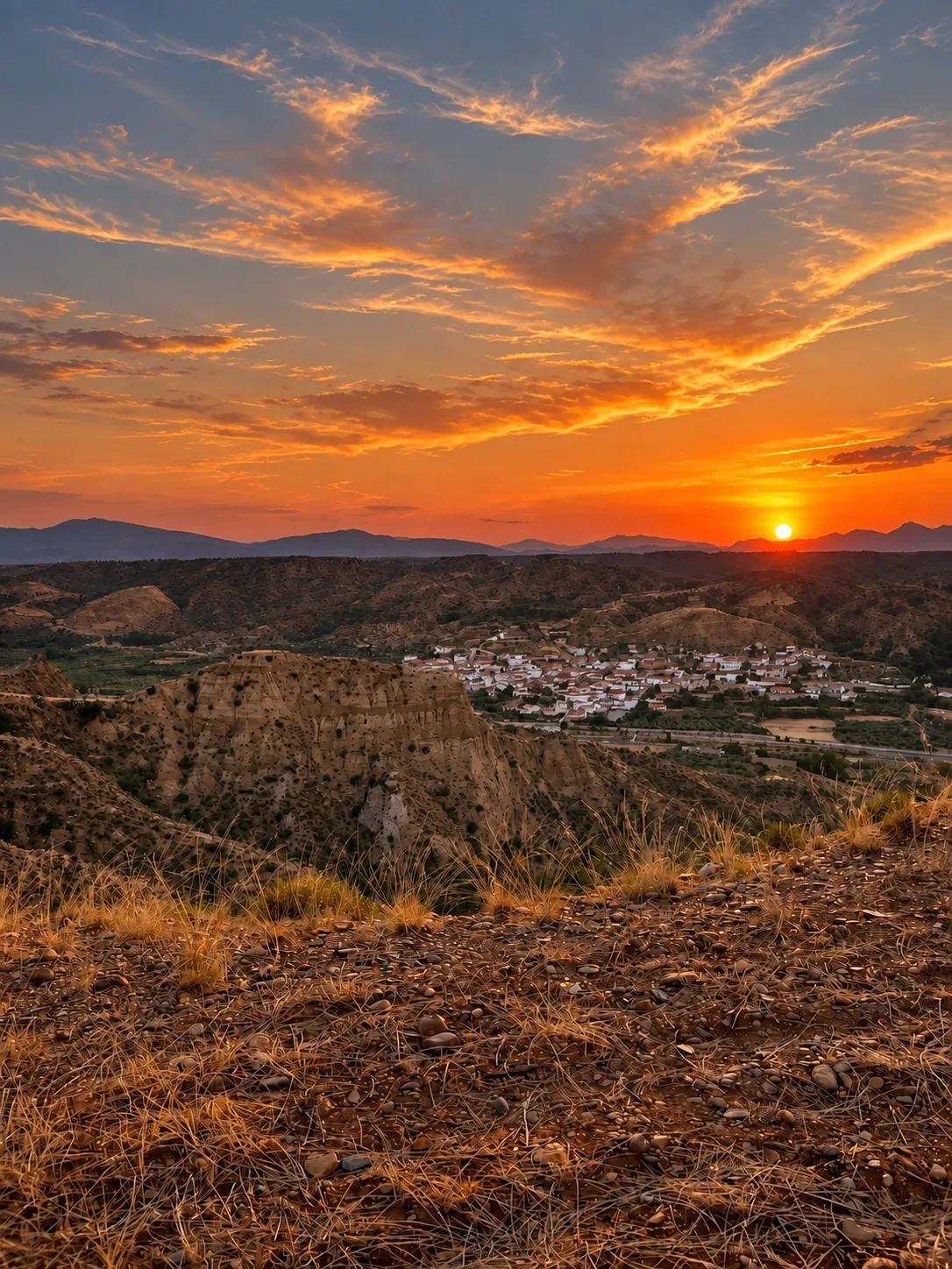 Beas de Guadix y las cárcavas bajo un cielo naranja visto desde El Llano