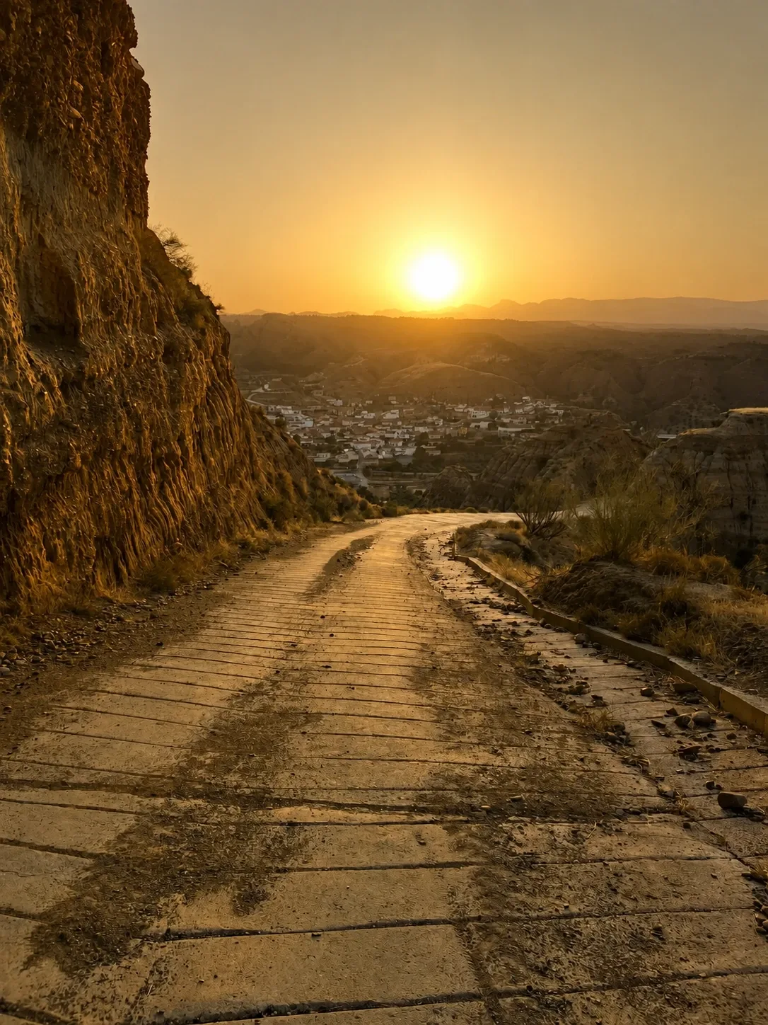 Camino que asciende entre cárcavas al atardecer