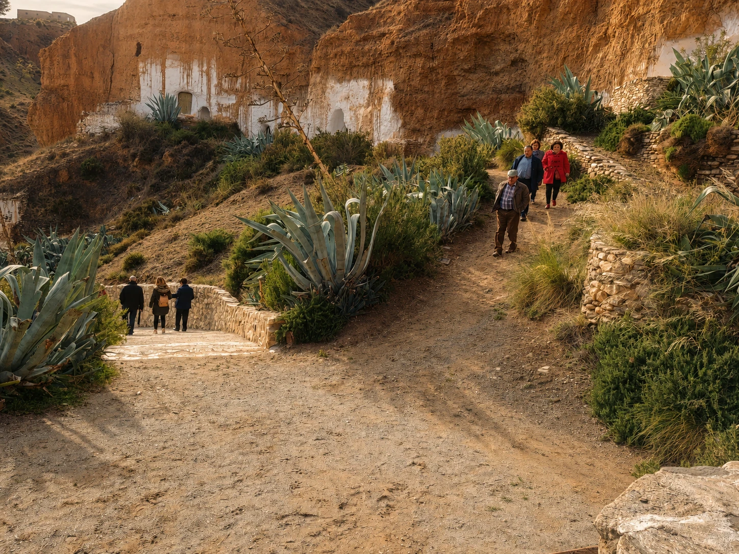 Visitantes recorren los senderos entre las casas cueva de Los Algarbes