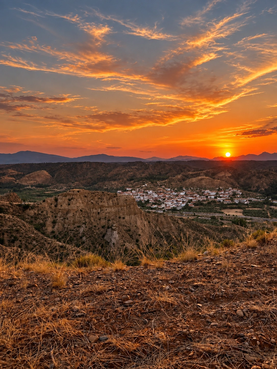 Beas de Guadix y las cárcavas bajo un cielo naranja visto desde El Llano