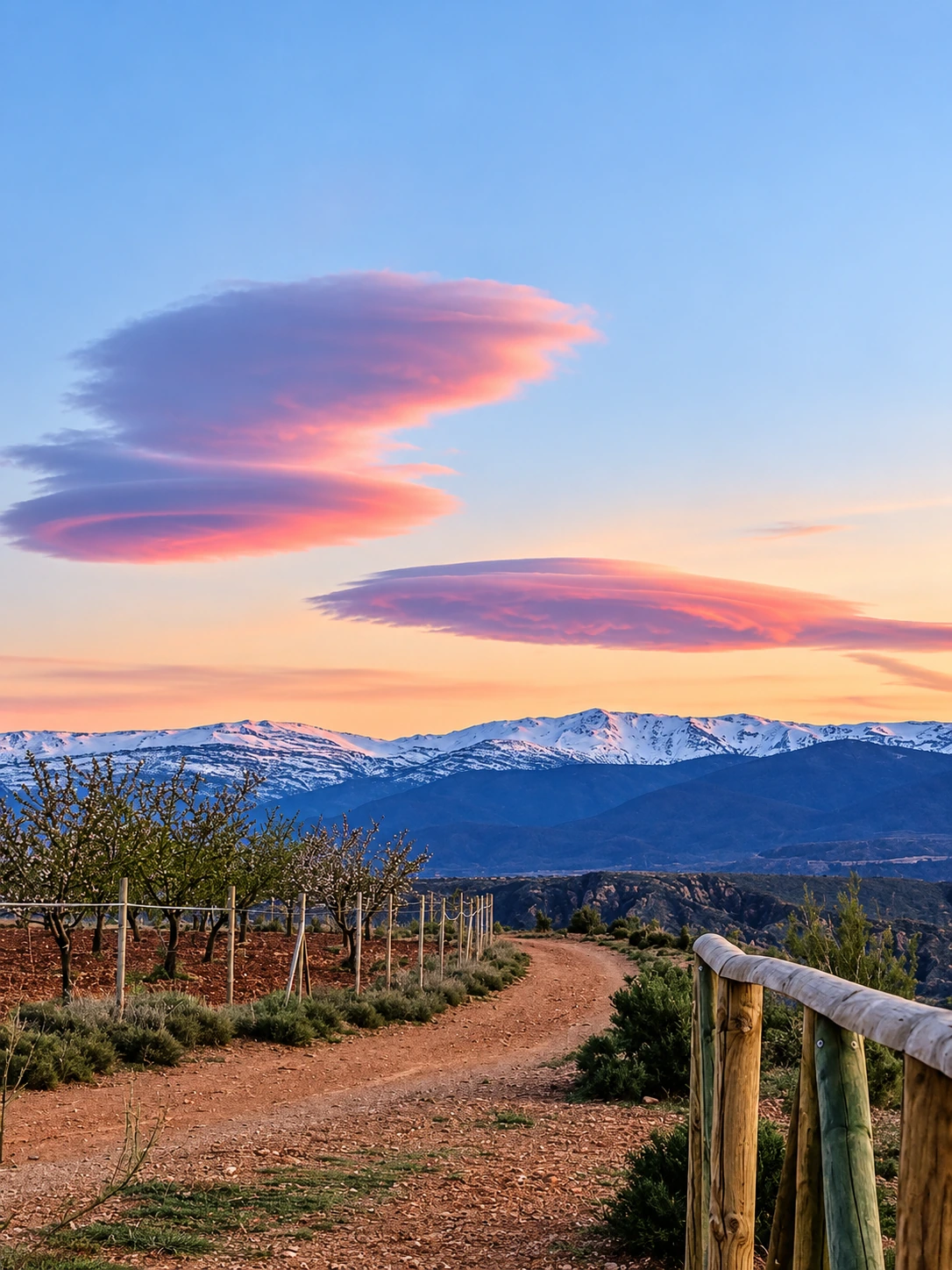 Camino de tierra y cultivos de El Llano con Sierra Nevada nevada al fondo