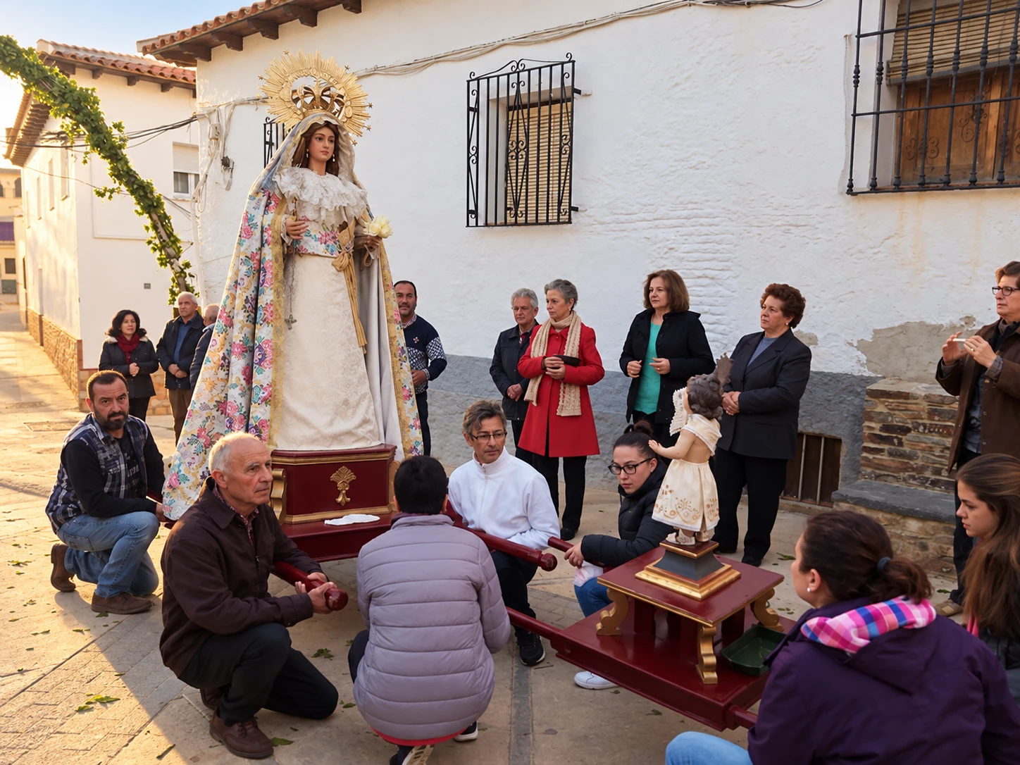 La Virgen y el Niño Jesús rodeados de vecinos en una calle de Beas, junto a un arco de ramas