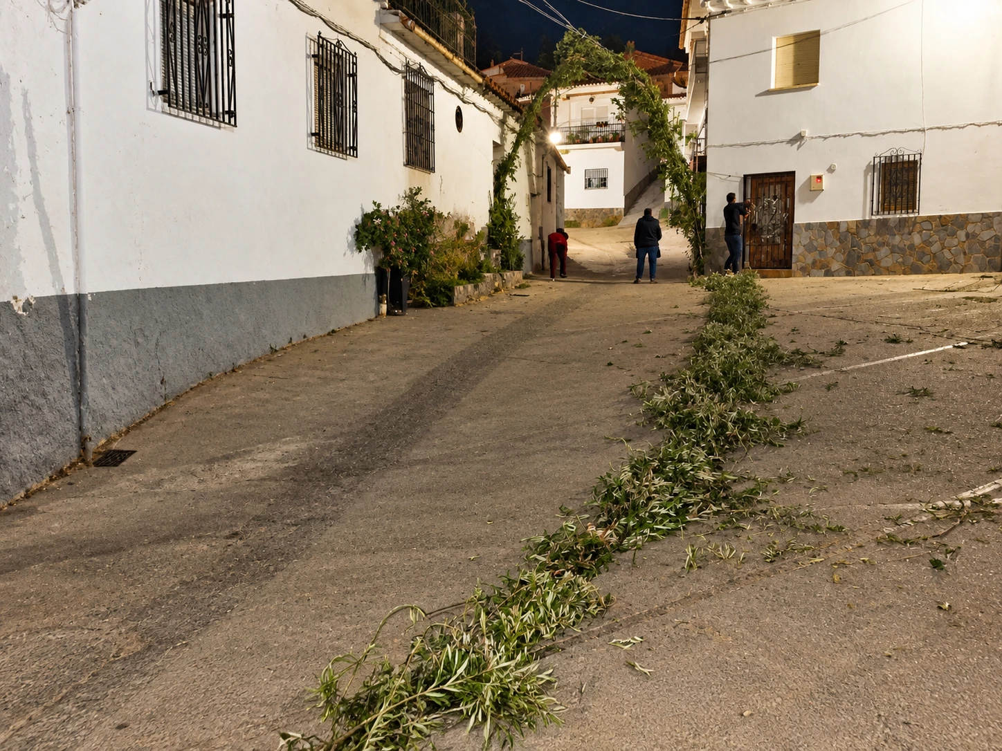 Ramas extendidas sobre el suelo de una calle, con vecinos y un arco verde al fondo